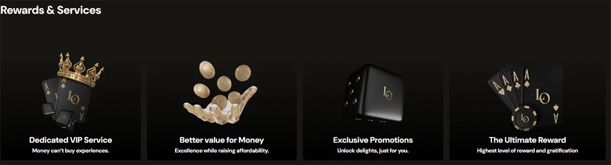 “Rewards & Services” section on a dark casino-themed background with four feature cards: Dedicated VIP Service (crowned playing cards), Better Value for Money (falling coins), Exclusive Promotions (black promo box), and The Ultimate Reward (fan of playing cards).
