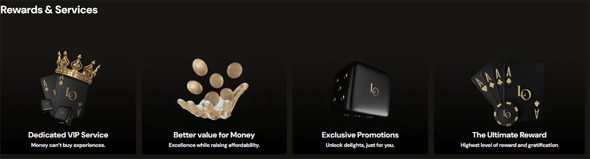 “Rewards & Services” section on a dark casino-themed background with four feature cards: Dedicated VIP Service (crowned playing cards), Better Value for Money (falling coins), Exclusive Promotions (black promo box), and The Ultimate Reward (fan of playing cards).